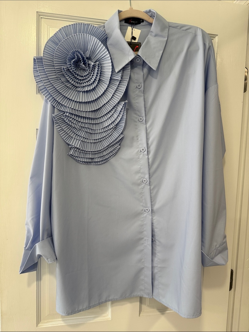 Light Blue Pleated Accent Button-Front Blouse